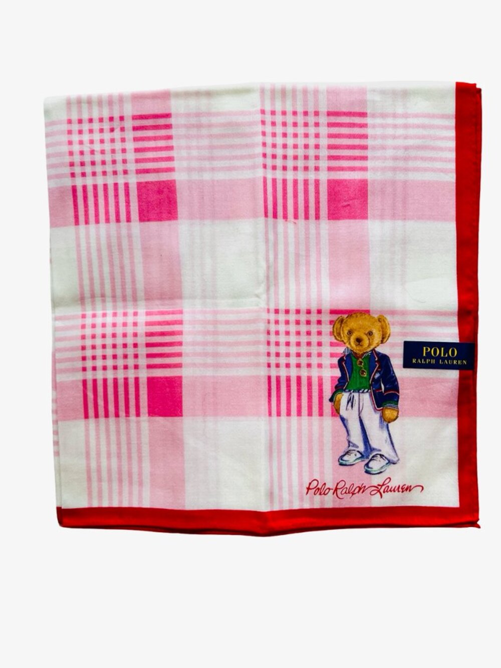 Polo Ralph Lauren Handkerchief /Mini Scarf 19" pink white check with bear(84) - Picture 8 of 14
